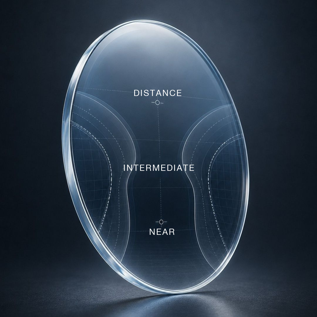 Varifocal lens with the three vision zones: distance, intermediate and near